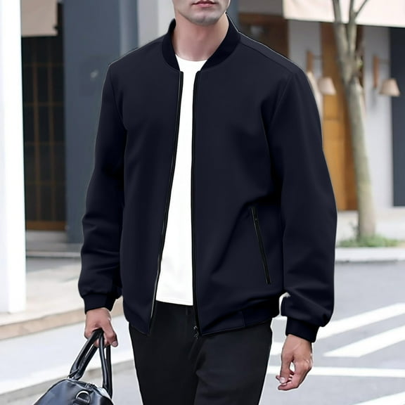 Domuza Men Varsity Jacket Fashion Casual Light Flight Windbreaker Zip Up Coat Fall Winter Retro Softshell Loose Fit Outerwear with Pockets - Dark Blue M