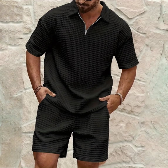 Domuza Men's 2 Piece Waffle Knit Outfit Summer Set, Short Sleeve Zip Polo Shirt and Short Sets 2 piece Outfits Summer Tracksuits Black S