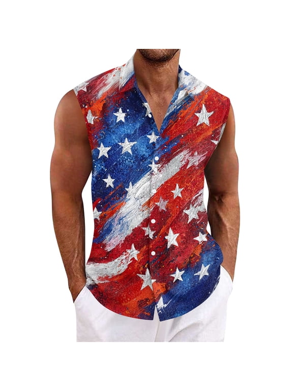 Men's Independence Day Shirts Usa Flag Print Casual Sleeveless Lapel Button Tee Shirts New Stylish Comfy Hawaiian Blouses Red M