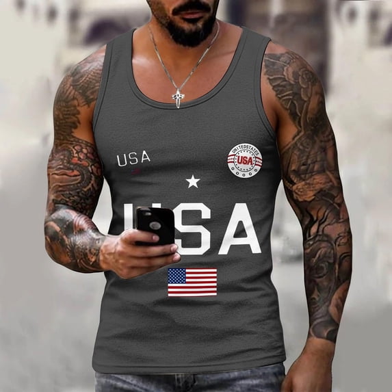 Domuza Men's 250 Anniversary Usa Shirt American Flag Print Casual Crew Neck Sleeveless T Shirts Summer 2026 Fashion Comfort Relaxed Fit Top Dark Gray 4XL