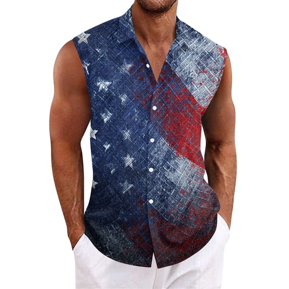 Domuza Men's 250 Anniversary Usa Shirts American Flag Pattern Casual Sleeveless Lapel Button Tshirts Summer Trendy Comfort Hawaiian Tops Red M