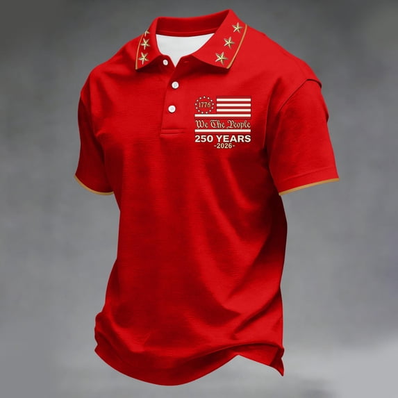 Domuza Men's 250th Anniversary Usa Polo Shirts Usa Flag Print Casual Lapel Short Sleeve Button T-Shirts Summer Fashion Comfort Relaxed Fit Top Red M