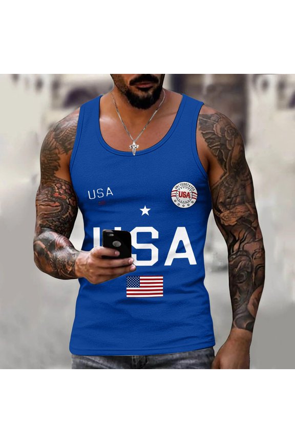Men's 250th Anniversary Usa Shirts Usa Flag Graphics Casual Crew Neck Sleeveless T Shirts Summer 2026 Fashion Comfortable Relaxed Fit Tops Blue 4XL