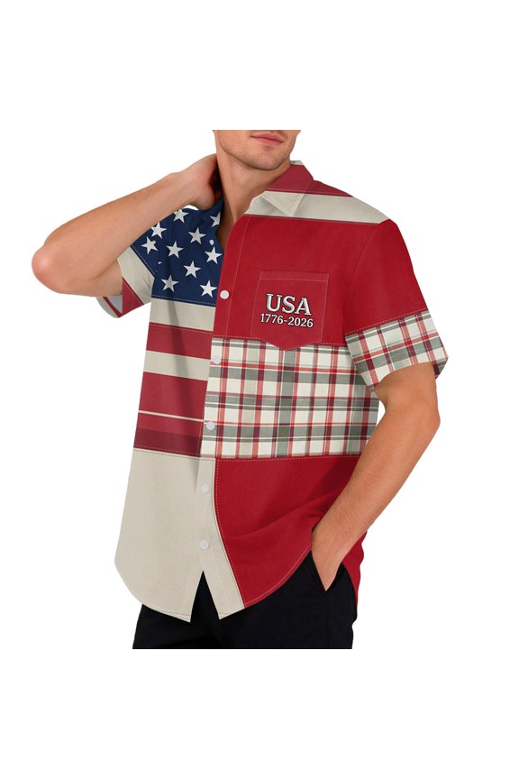 Men's 250th Anniversary Usa Shirts Usa Flag Graphics Casual Lapel Button Short Sleeve Tshirts 2026 New Fashion Comfort Top with Pockets Gray 3XL