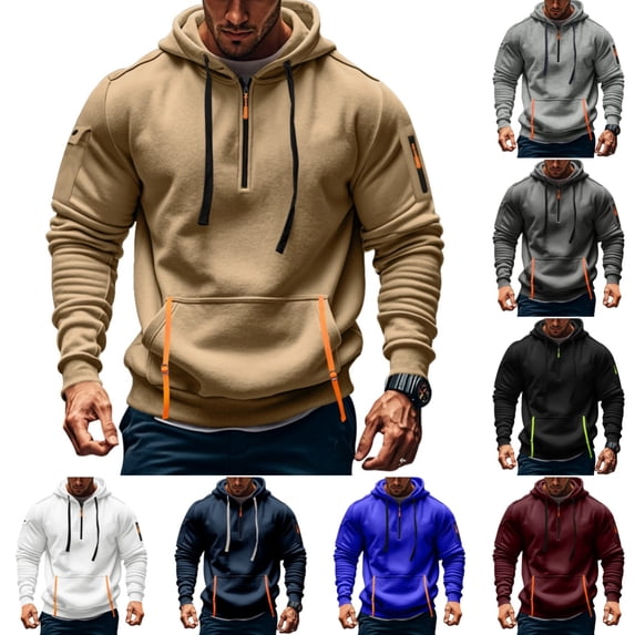 Domuza Men's Athletic Quarter Zip Hoodie Long Sleeve Pullover with Zipper Pocket Soft Fleece Workout Sweatshirt Khaki XL