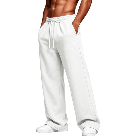 Domuza Men's Baggy Fleece Wide Leg Sweatpants, Loose Fit Drawstring Elastic Waist Lounge Pants with Side Pockets, Warm Streetwear Sweat Pants for Fall Winter