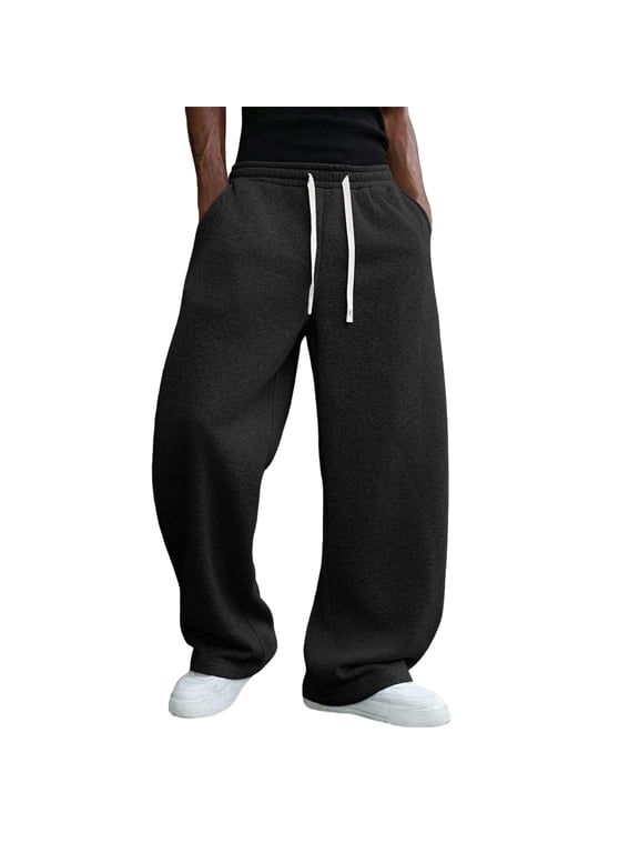 Men's Baggy Sweatpants Wide Leg Barrel Sweat Pants Drawstring Elastic Waist Loose Fit Slacks with Pockets Black L
