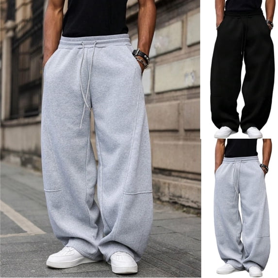 Domuza Men’s Baggy Sweatpants Wide Leg with Elastic Drawstring Waist, Casual Loose Lounge Joggers with Pockets Light Gray M