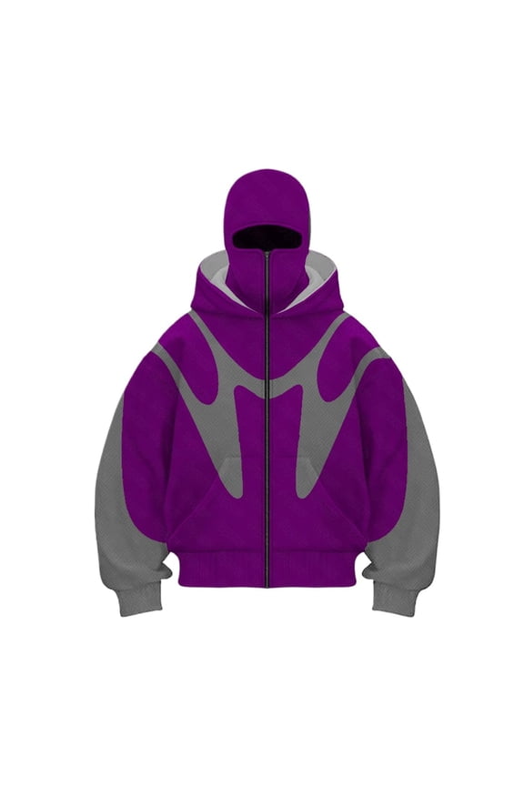 Men's Balaclava Hoodie Double Layer Hooded Zip Up Wind-Resistant Jacket with Eye Mask Fall Winter Thermal Stylish Y2k Sweatshirt Purple L
