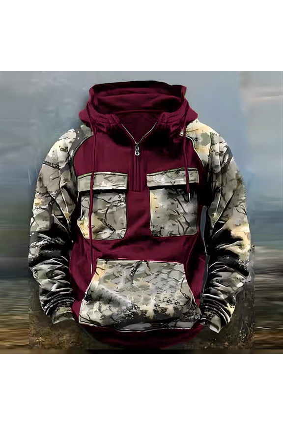 Men's Camo Hoodies Fleece Quarter Zip Drawstring Cargo Hooded Sweatshirt Fall Winter Vintage Loose Fit Pullover with Pockets Wine M