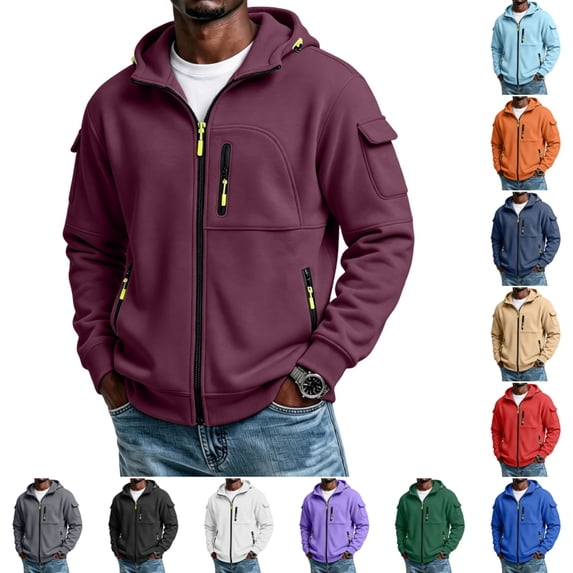 Domuza Men’s Cargo Full‑Zip Fleece Hoodie, Long Sleeve Multi‑Pockets Utility Zip‑Up Hooded Sweatshirt, Outdoor Casual Sports Fleece Jacket