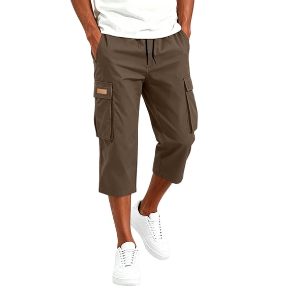 Domuza Men's Cargo Shorts 3/4 Relaxed Fit Below Knee Work Shorts Drawstring Elastic Waist Hiking Shorts with Pockets Brown 2XL