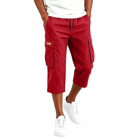 Domuza Men's Cargo Shorts 3/4 Relaxed Fit Below Knee Work Shorts Drawstring Elastic Waist Hiking Shorts with Pockets Wine XL