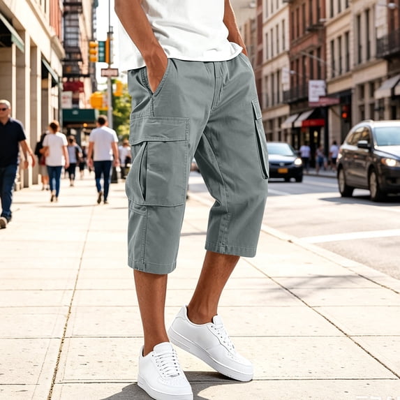 Domuza Men's Cargo Shorts 3/4 Relaxed Fit Below Knee Work Shorts Elastic Waist Hiking Shorts with Pockets Gray M