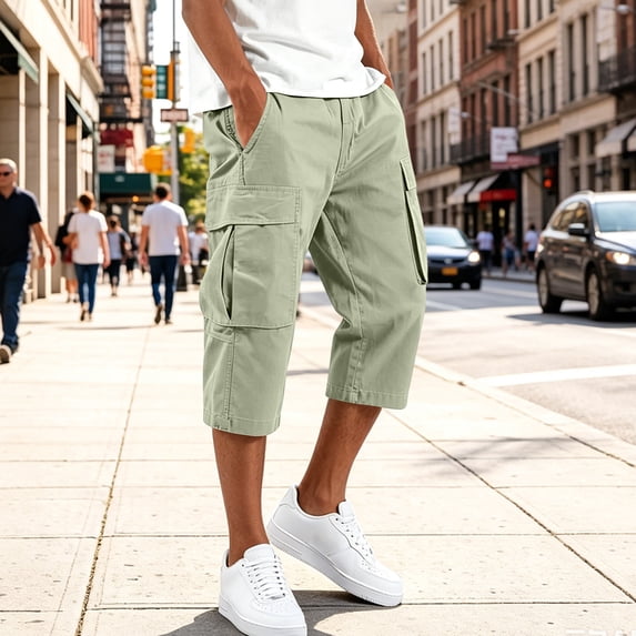 Domuza Men's Cargo Shorts 3/4 Relaxed Fit Below Knee Work Shorts Elastic Waist Hiking Shorts with Pockets Light Green M