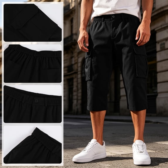 Domuza Men's Cargo Shorts Below Knee Bermuda Capri Shorts with Multi Pockets 3/4 Length Relaxed Fit Elastic Waist Hiking Work Shorts Black 3XL