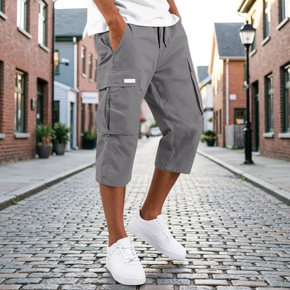 Domuza Men's Cargo Shorts Casual Drawstring Elastic Waist 3/4 Capri Pants Below Knee Long Hiking Shorts with Pockets Gray L