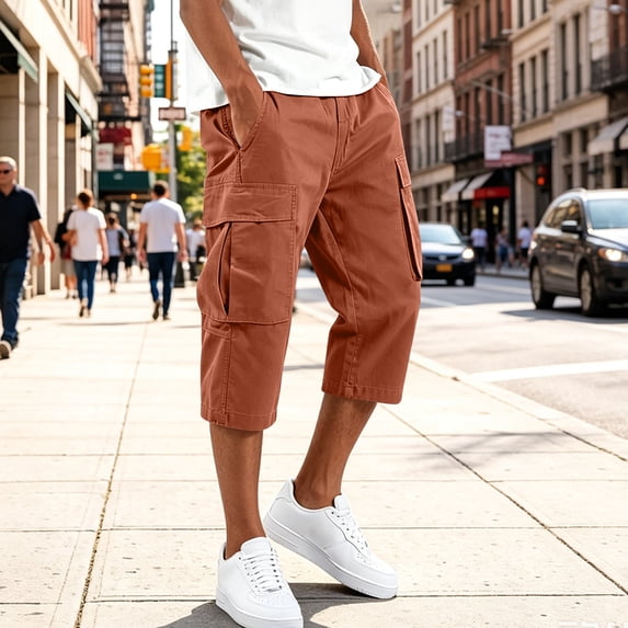 Domuza Men's Cargo Shorts Casual Elastic 3/4 Capri Pants Below Knee Long Hiking Shorts with Pockets Orange L