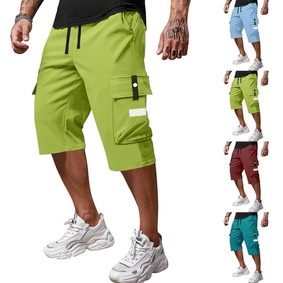 Domuza Men's Cargo Shorts Drawstring Stretch Waist Casual Running Shorts Multi Pockets Below Knee Breathable Athletic Short Fluorescent Green L