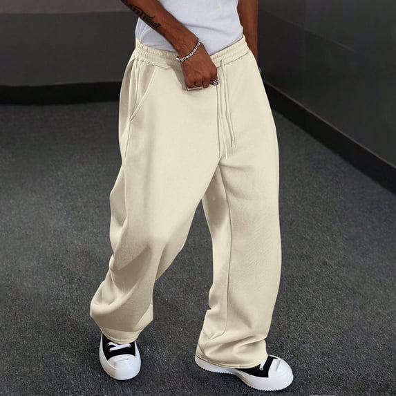 Domuza Men's Casual Baggy Pants Wide Leg Lounge Travel Pants Streetwear with Pockets Beige 2XL