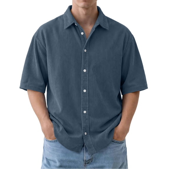Domuza Men's Casual Button Down Corduroy Shirts Short Sleeve Regular Fit Fashion Camp Beach Shirts Tops Dark Blue XL