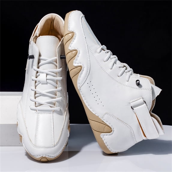 Domuza Men's Casual Handmade High Top high boots Leather Outdoor Walking Sneakers 2026 summer Slip-on Lightweight Non-Slip Waterproof Driving Chukka Boots White 7.5 (EU-40)