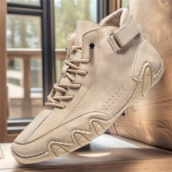 Domuza Men's Casual Handmade High Top high boots Leather Outdoor Walking Sneakers 2026 summer Slip-on Lightweight Non-Slip Waterproof Driving Chukka Boots Beige 10.5 (EU-46)