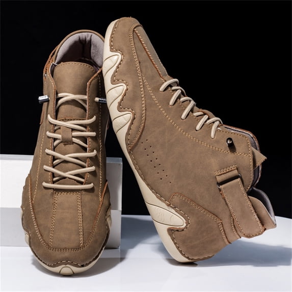 Domuza Men's Casual Handmade High Top high boots Leather Outdoor Walking Sneakers summer Slip-on Lightweight Non-Slip Waterproof Driving Chukka Boots Khaki 9.5 (EU-44)