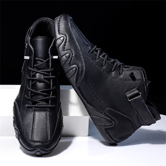 Domuza Men's Casual Handmade High Top high boots Leather Outdoor Walking Sneakers summer Slip-on Lightweight Non-Slip Waterproof Driving Chukka Boots Black 11 (EU-47)