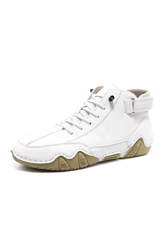 Men's Casual Italian Handmade High Top Leather Boots, Slip-on Lightweight Non-Slip Waterproof Sneakers, Durable Outdoor Walking & Driving High Boots White 11 (EU-47)