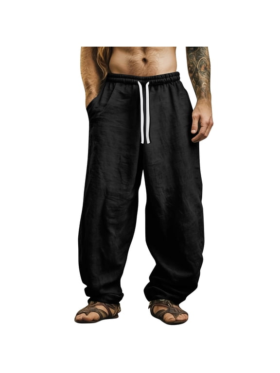 Men's Casual Linen Pants Loose Fit Drawstring Waist Lightweight Men Linen Summer Beach Long Pants Yoga Black L