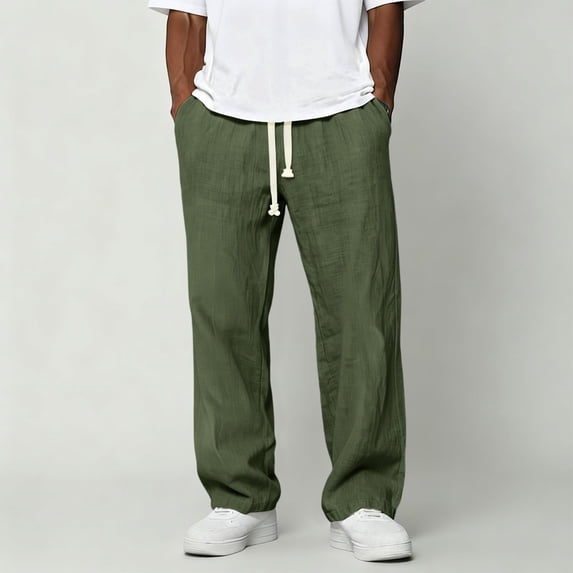 Domuza Men's Casual Linen Pants Loose Fit Drawstring Waist Lightweight Summer Beach Long Pants Yoga with Pockets Army Green 3XL
