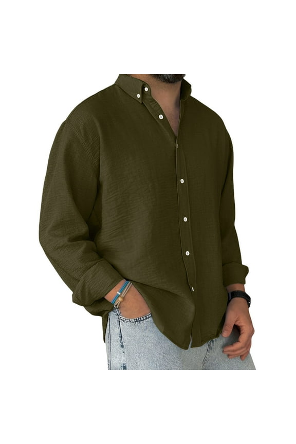Men's Casual Shirts Long Sleeve Button Down Loose Fit Summer Beach Tshirts Lightweight Comfy Stretch Untucked Lapel Tops with Pocket Army Green L