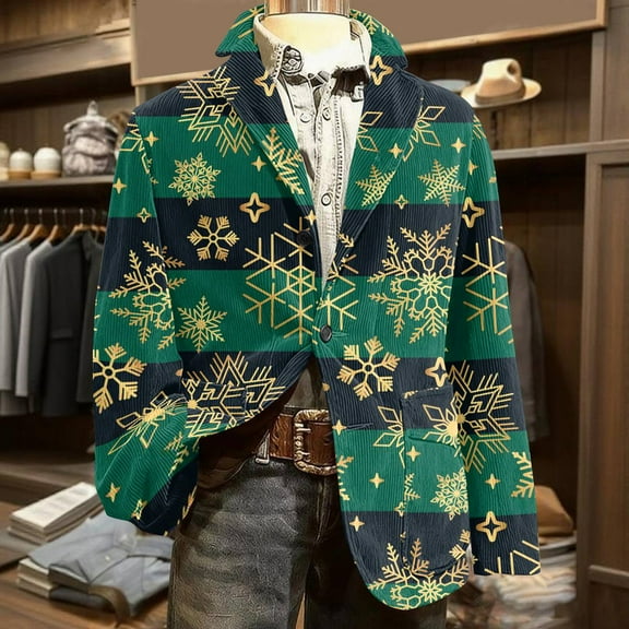 Domuza Men's Christmas Blazer Funny Xmas Print Notch Lapel Corduroy Suit Jacket Vintage Casual Slim Fit Three Buttons Single Breasted Sport Coat Multicolor 2XL