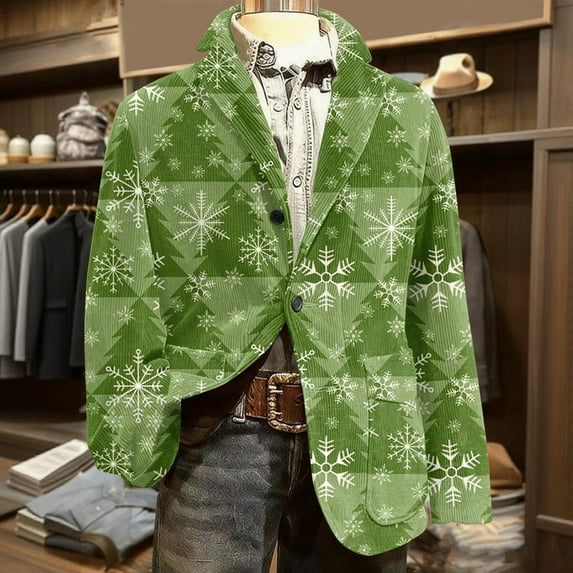 Domuza Men's Christmas Blazer Funny Xmas Print Notched Lapel Corduroy Suit Jacket Casual Retro Slim Fit Three Buttons Single Breasted Sport Coat Green XL
