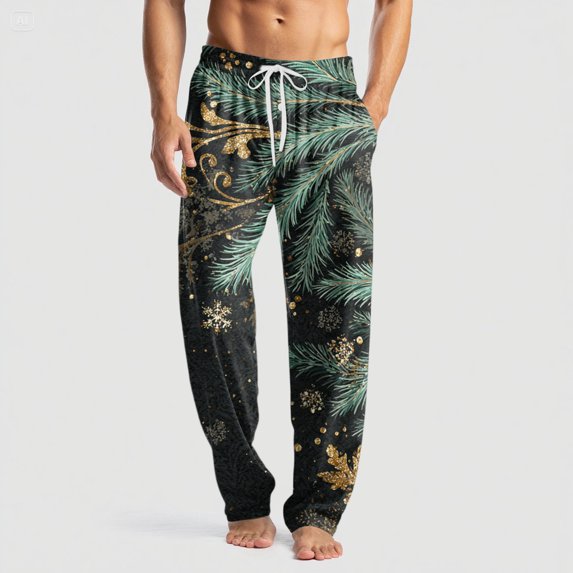Domuza Men's Christmas Pajamas Pants Cotton Casual Elastic Waist Drawstring Sleep Pants Loose Fit Soft Comfy Lounge Pjs Trousers with Pockets Green XL