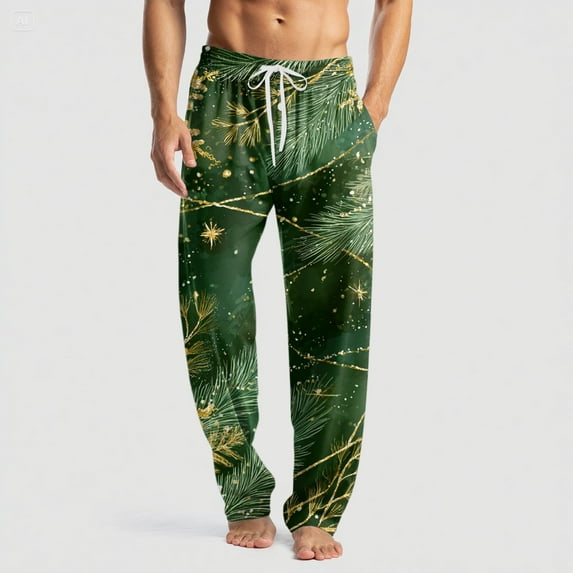 Domuza Men's Christmas Pajamas Pants Cotton Casual Stretch Waist Drawstring Sleep Pants Relaxed Fit Soft Comfy Lounge Sleepwear with Pockets Gold 2XL