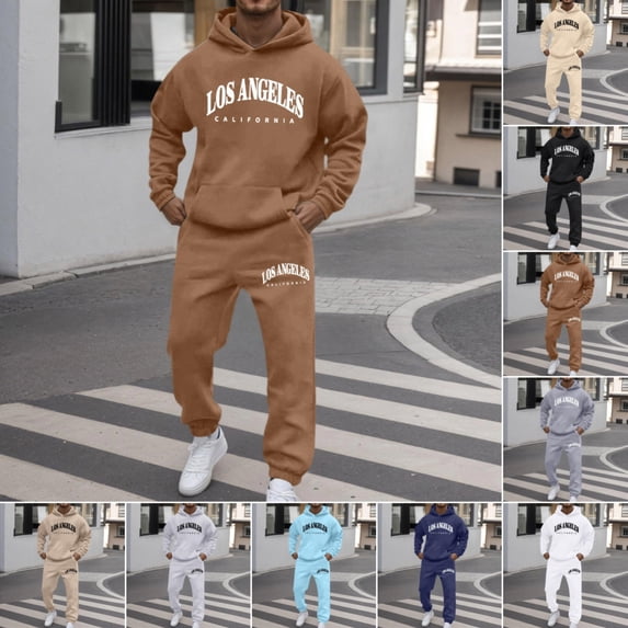 Domuza Men’s Complete Sport Tracksuit 2 Piece Sweatsuit Set, Graphic Long Sleeve Hoodie & Elastic Ankle Jogger Pants Athletic Outfit, Gym, Jogging and Outdoor Activities Coffee XL