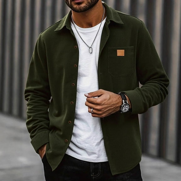 Domuza Men's Corduroy Jacket Casual Comfy Button Down Long Sleeve Shacket Jacket Fall Winter Fashion Relaxed Fit Solid Sweatshirt with Pockets Army Green S