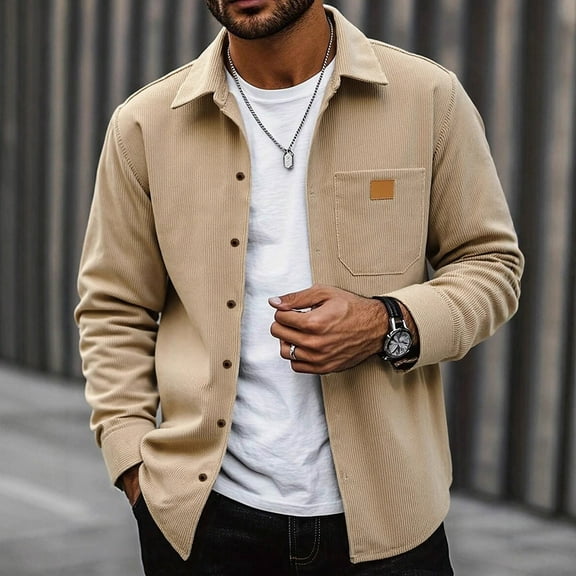 Domuza Men's Corduroy Jacket Casual Comfy Button Up Long Sleeve Shacket Jacket Fall Winter Trendy Loose Fit Solid Outerwear with Pockets Khaki S