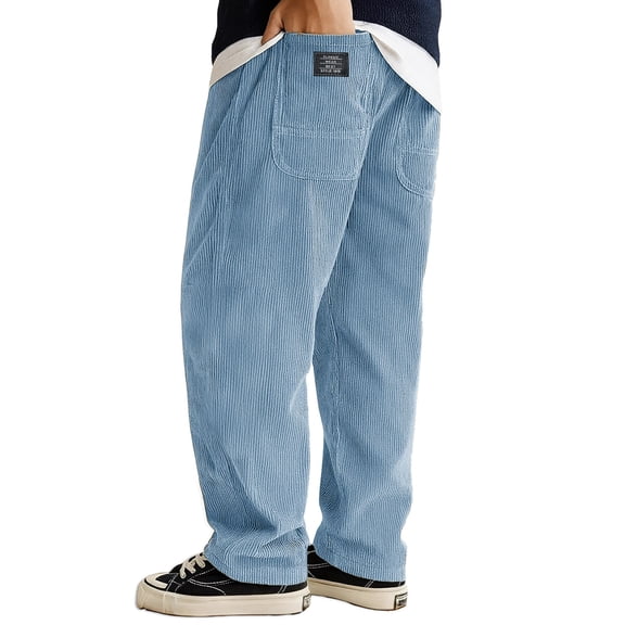 Domuza Men's Corduroy Pants Wide-Leg Elastic Waist Drawstring Lounge Sweat Pants Stylish Casual Relaxed Fit Solid Color Pants with Pockets Sky Blue M