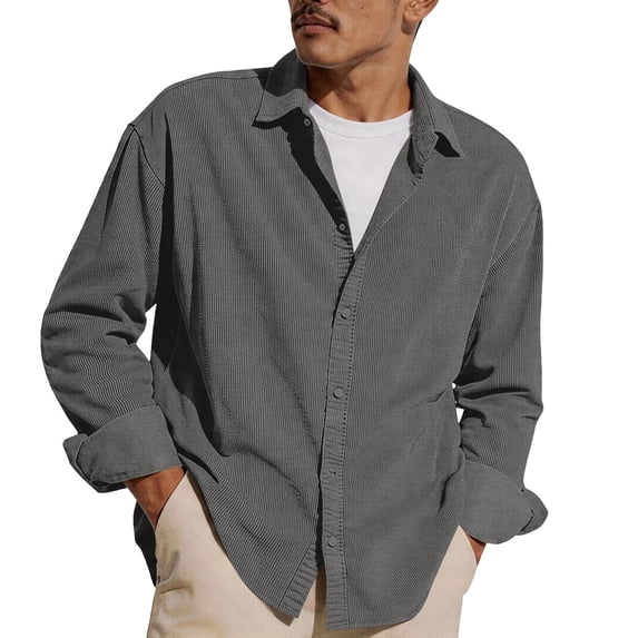 Domuza Men's Corduroy Shirt Jacket - Button Down Long Sleeve Spring Fall Casual Streetwear Loose Fit Lightweight Shacket Dark Gray L