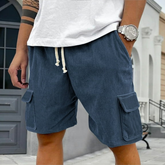 Domuza Men's Corduroy Shorts Casual Comfort Stretch Waist Drawstring Beach Shorts Trendy Lightweight Breathable Loose Fit Shorts with Pockets Navy XL