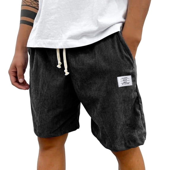 Domuza Men's Corduroy Shorts Casual Stretch Wasit Drawstring Beach Shorts 2026 New Trendy Lightweight Relaxed Fit Shorts with Pocket Black XL