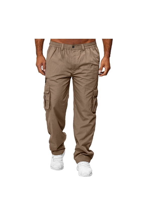 Men's Cotton Blend Cargo Pants Casual Stretch Pant 2026 Summer Trendy Hiking Jogger Outdoor Trousers with Multi Pockets Khaki L