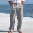 thumbnail image 1 of Domuza Men's Cotton Linen Button Pants Beach Drawstring Straight Pant Loose Fit Breathable Yoga Trousers with Pockets Gray 3XL, 1 of 6