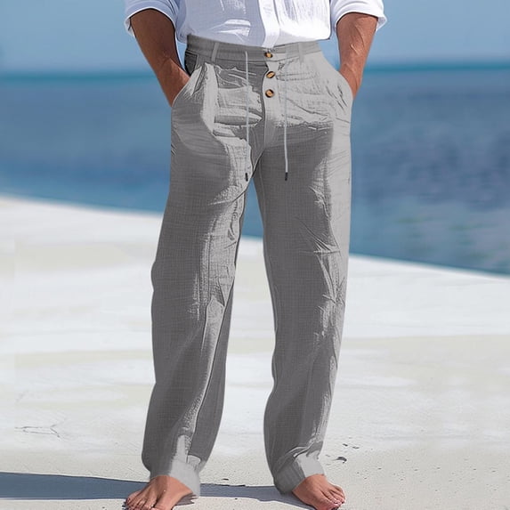 Domuza Men's Cotton Linen Button Pants Beach Drawstring Straight Pant Loose Fit Breathable Yoga Trousers with Pockets Gray 3XL