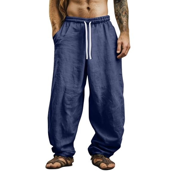 Domuza Men's Cotton Linen Pants Drawstring Casual Cropped Trousers Lightweight Loose Beach Yoga Pants with Pockets Navy S