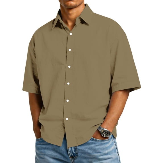 Domuza Men's Cotton Linen Shirts Casual Short Sleeve Collared Button-Up T-Shirts Summer Fashion Vacation Beach Relaxed Fit Holiday Tops Khaki S