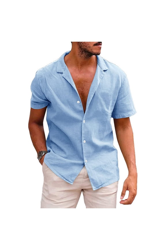 Men's Cotton Linen Short Sleeve Shirts Casual Lightweight Button Down T-Shirts Stylish Vacation Beach Summer Tops Sky Blue L